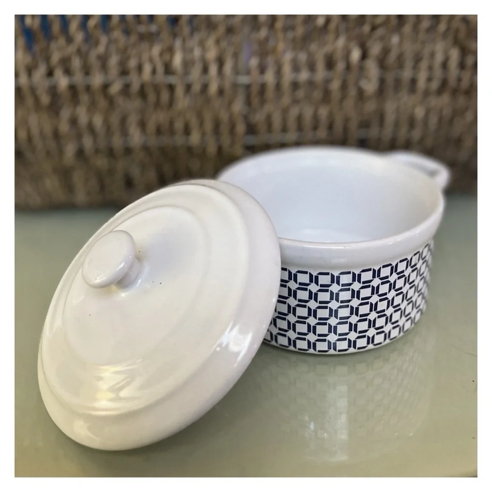 Mini Ceramic Cassoulet Dish with Lid in Retro Graphic Pattern